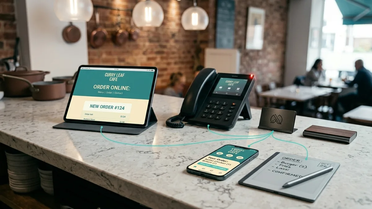 Marble counter at an independent neighborhood restaurant — tablet showing a Curry Leaf Cafe order page, desk phone, smartphone with the customer ordering app, and a paper notebook with a handwritten order, all connected by subtle teal flow lines