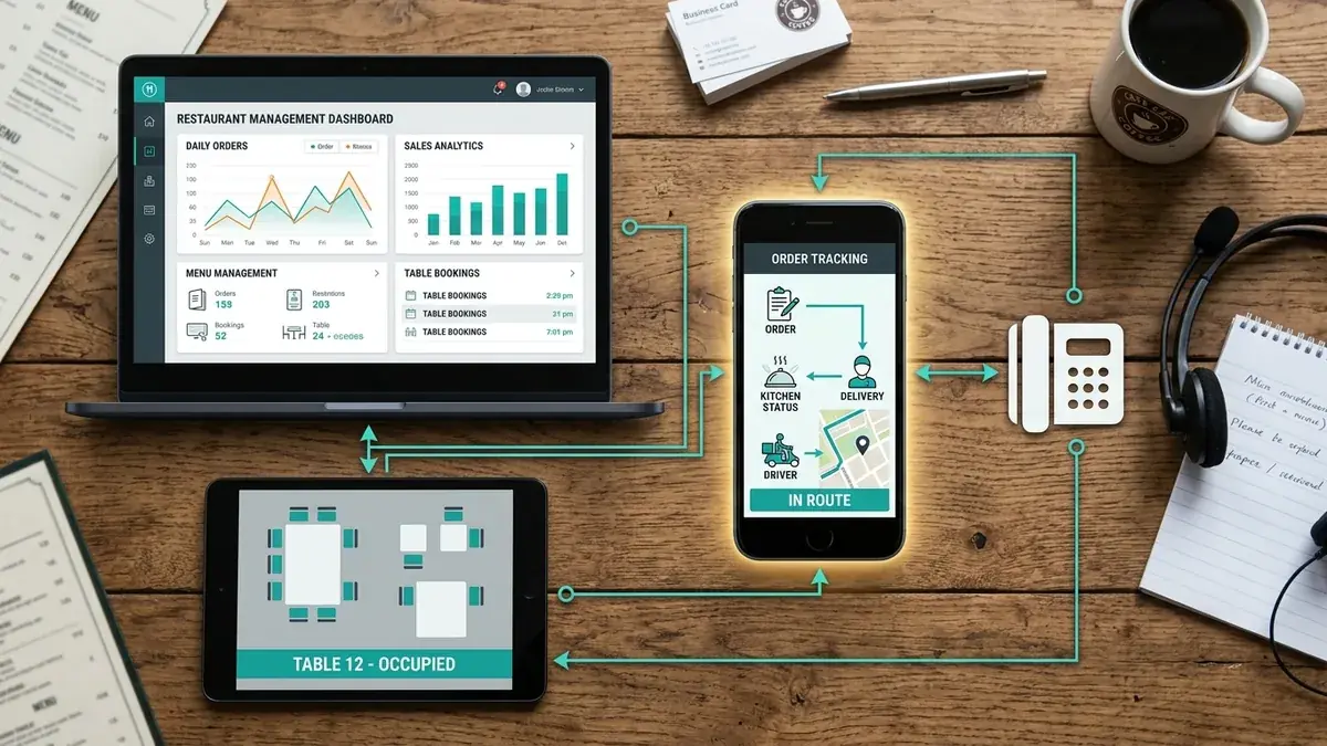 Overhead flat-lay of a restaurant management dashboard on a laptop, an order-tracking smartphone app, a tablet showing table status, a desk phone, and headset on a wooden surface — all connected by teal flow arrows