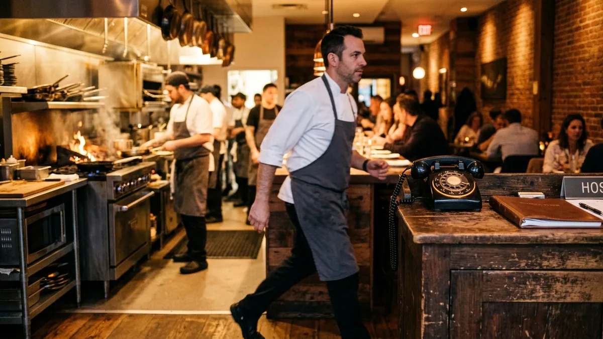 Restaurant owner in chef coat striding past a wooden host stand with a vintage rotary phone, open kitchen on fire in the background