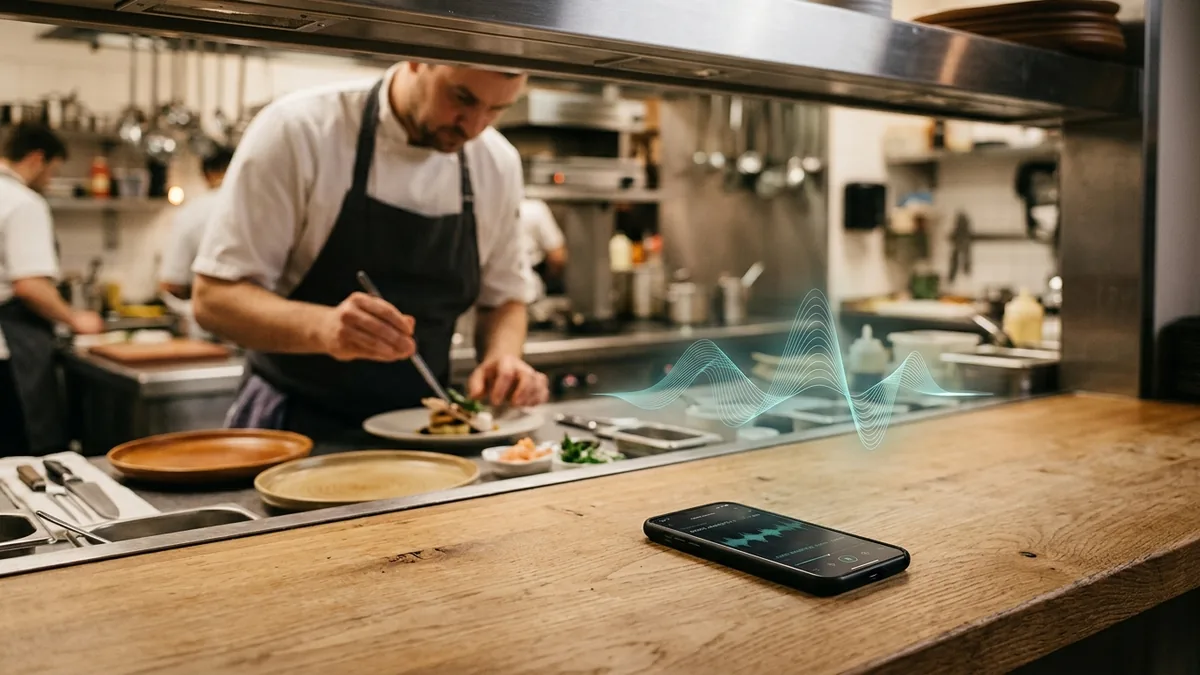 Smartphone on a restaurant pass-through countertop with a teal soundwave graphic, chef plating in the background