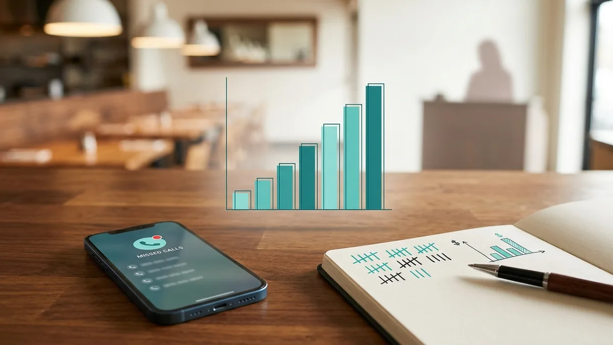 Smartphone with missed-call notifications next to a notebook of tally marks and a teal bar chart trending up