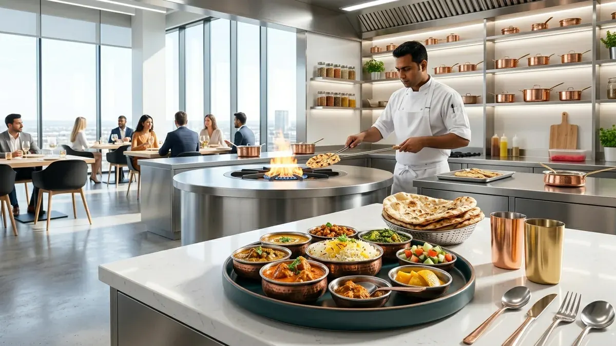 Modern Indian restaurant with a beautifully plated thali on a teal-rimmed serving plate, copper bowls of curry, fresh naan, basmati rice, tandoor and chef in the background
