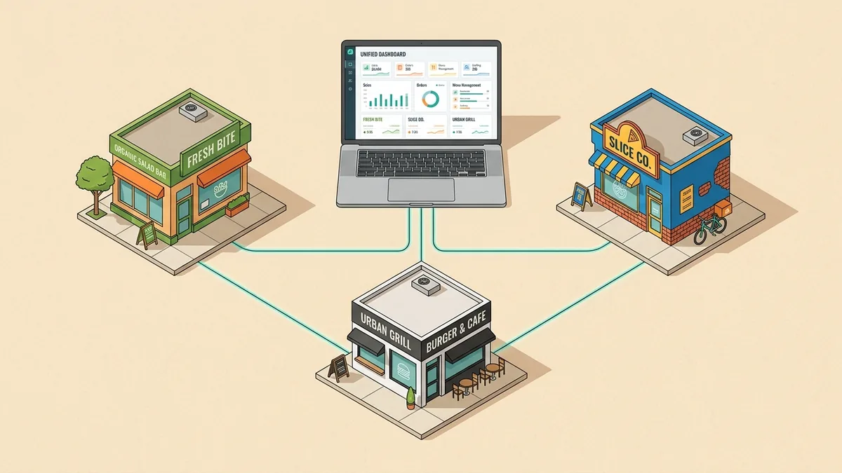 Isometric illustration of three restaurant storefronts connected by teal lines to a central laptop displaying a unified dashboard