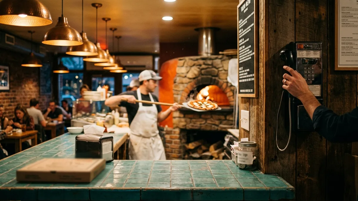 Independent pizzeria interior, copper pendant lights, pizzaiolo pulling a fresh pie out of the stone oven, hand reaching for a wall-mounted phone